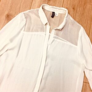 White Sheer shoulder Yoke Button-Front Blouse shirt top preppy workwear